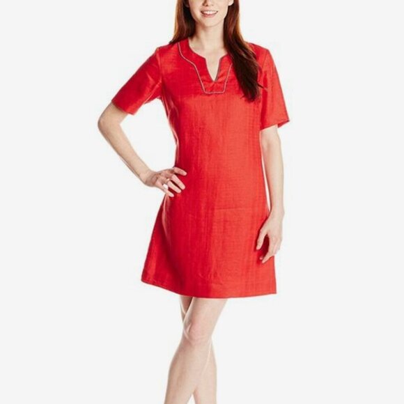 Nwot Pendleton Lora Dress 100% Linen V-neck A line Red Short Sleeve knee leng 10 - Picture 1 of 12